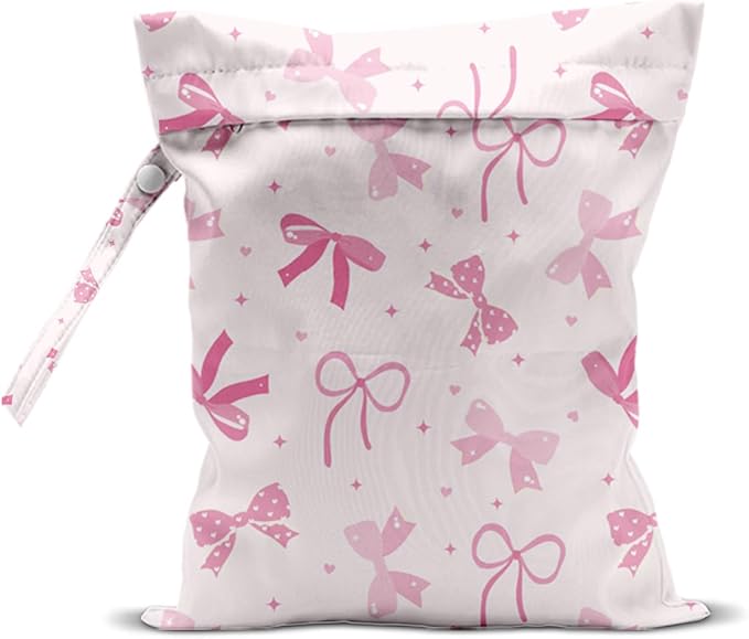 Wet Bag, Wet Dry Bag, Swimsuit Bags, Beach Essentials, Waterproof Bags for Women Ideal for Travel, Beach, Pool, Diapers, and Dirty Yoga Gym Clothes（Pink Bow Decor）