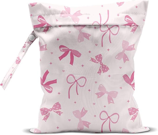 Wet Bag, Wet Dry Bag, Swimsuit Bags, Beach Essentials, Waterproof Bags for Women Ideal for Travel, Beach, Pool, Diapers, and Dirty Yoga Gym Clothes（Pink Bow Decor）