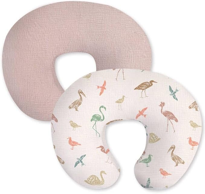 Little Grape Land Muslin Nursing Pillow Covers, 100% Cotton Removable Breastfeeding Pillow Covers, Breathable Slipcover for Baby Boys & Girls, (Wetland Birds & Rosy)