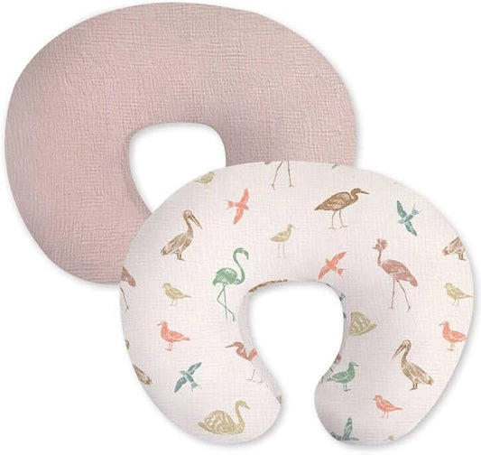 Little Grape Land Muslin Nursing Pillow Covers, 100% Cotton Removable Breastfeeding Pillow Covers, Breathable Slipcover for Baby Boys & Girls, (Wetland Birds & Rosy)