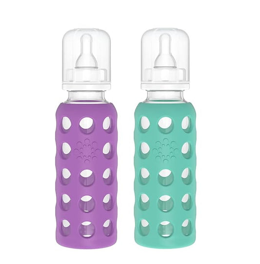 Lifefactory Glass Baby Bottle BPA Free | Protective Silicone Sleeve | 9 oz Pack of 2 | Grape, Kale