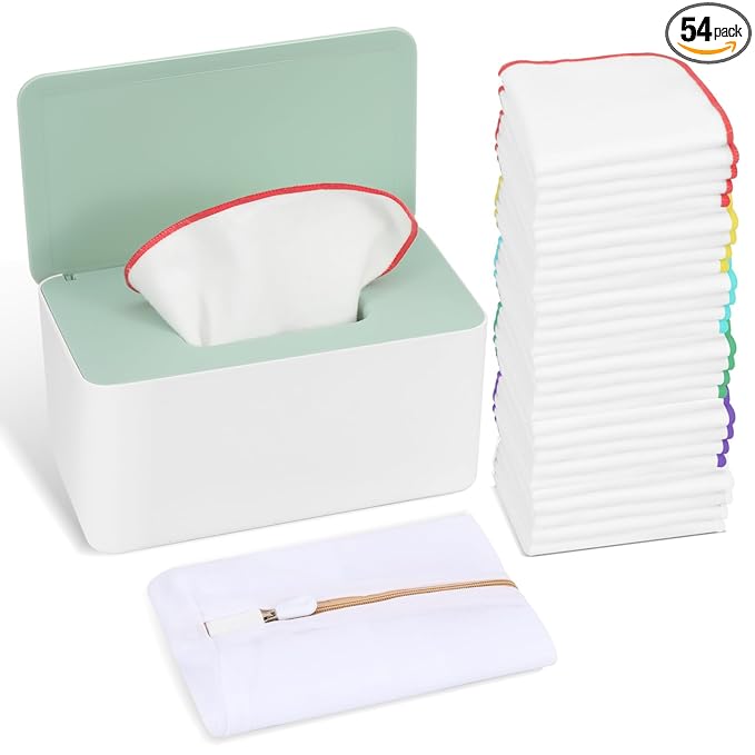 54 Packs Flannel Cloth Baby Wipes Reusable Baby Wipes with Green Upgraded Wipes Dispenser, Reusable & Durable Cloth Wipes, Body Face Hand Washcloth Essential for Baby Wipes