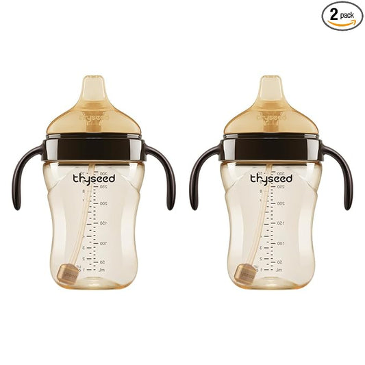 Thyseed Spill-Proof Weighted Straw Sippy Cup, Baby Transition Trainer, Soft Silicone Spout, BPA-Free, 6m+, 10 oz, 2 Pack