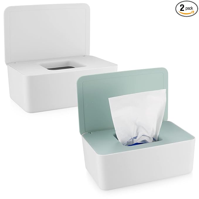2Pcs Diaper Wipes Dispenser, Refillable Wipe Container, Wipe Container with Sealing Design Lid, Keep Wipes Fresh,Wet Wipes Cases (White/Green)