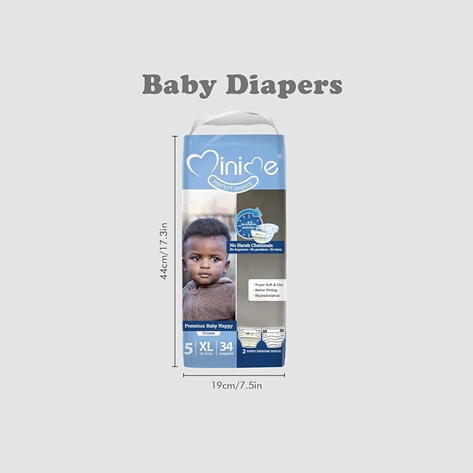 Minime Baby Diapers - Size 5 (28-39 lbs), X-Large, 34 Count, Premium Ultra Soft Disposable Baby Diapers, Hypoallergenic, Fragrance Free