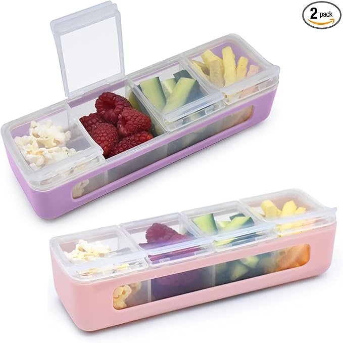 melii Snackle Box | 4 Compartment Divided Snack Container with Individual Lids, Kids Lunch & Travel Food Storage Organizer, BPA-Free, 2-Pack (Pink + Purple)