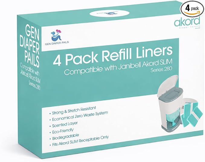 Adult Diaper Liner Refills Compatible with Janibell Akord 280 Slim 4 Pack for 1440 Diapers (Extra 10% Length & 30% Thickness) Incontinence Disposal System Plant Scent to Eliminate Waste/Odor Resistant
