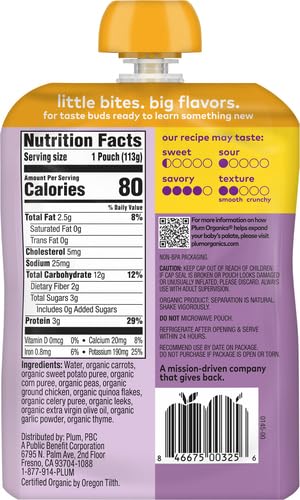 Plum Organics Stage 3 Organic Baby Food - Carrot, Sweet Potato, Corn, Pea, and Chicken - 4 oz Pouch - Organic Baby Food Pouch