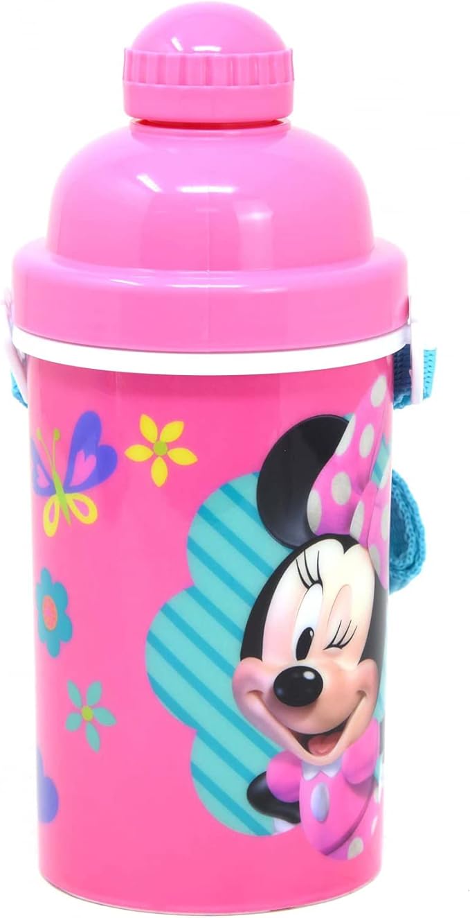 GRANSHOP Disney Classic Minnie Carrying Strap One Touch Water Bottles with Reusable Built in Straw - Safe Approved BPA Free, Easy to Clean (Minnie Canteen 16.9oz)