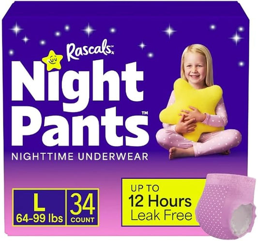 Rascals + Friends Night Pants, Absorbent Girls Nighttime Bedwetting Underwear, (M/L, 34, Count)
