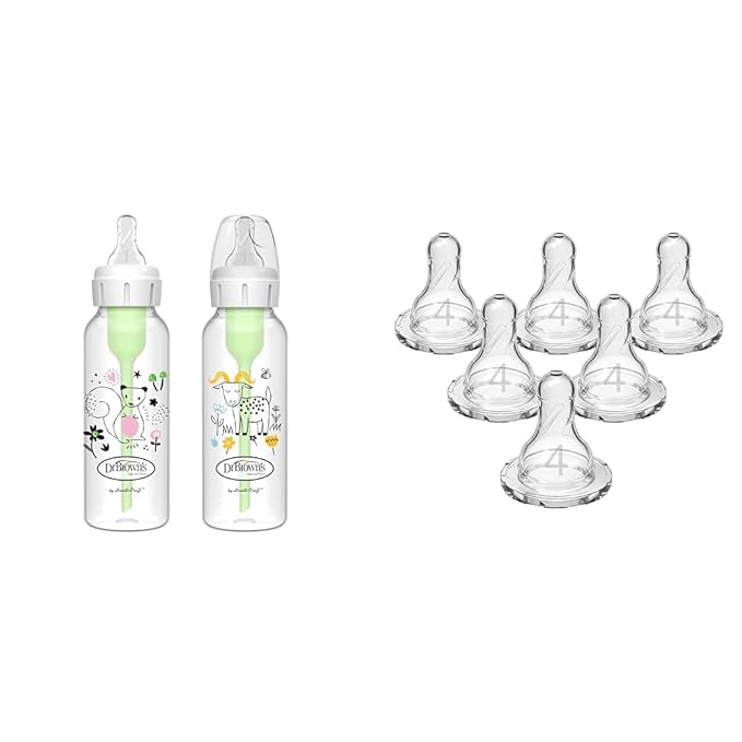 Dr. Brown's Natural Flow Anti-Colic Options+ Narrow Baby Bottle, Squirrel & Goat, 8 oz/250 Ml & Natural Flow Level 4 Narrow Baby Bottle Silicone Nipple, Fast Flow, 9m+