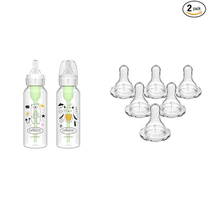 Dr. Brown's Anti-Colic Options+ Narrow Baby Bottle 2-Pack with Level 1 Slow Flow Nipples, 8 oz, 0m+, and Level 1 Slow Flow Nipples 6 Count
