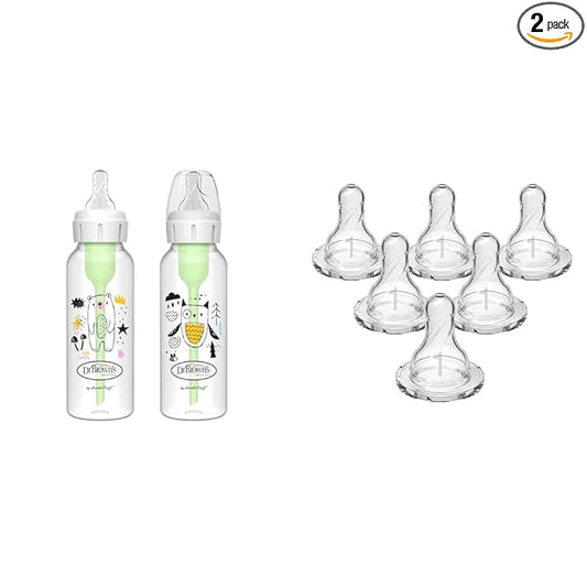 Dr. Brown's Anti-Colic Options+ Narrow Baby Bottle 2-Pack with Level 1 Slow Flow Nipples, 8 oz, 0m+, and Level 1 Slow Flow Nipples 6 Count