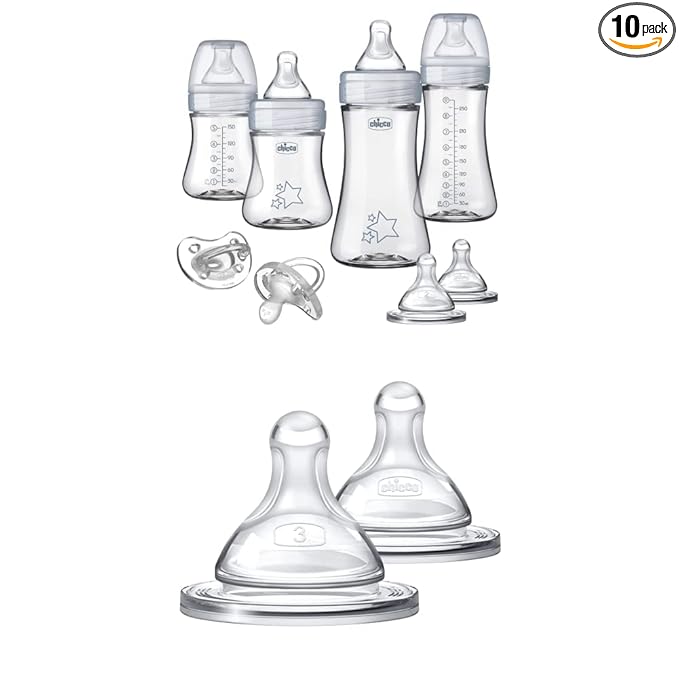 Chicco Duo Bundle Hybrid Baby Bottle - Starter Set with Size 3 Nipples, All Stages of Nipples Included, Invinci-Glass Technology, Breakproof and Lightweight