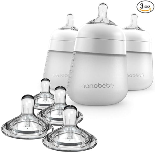 Nanobebe Silicone Baby Bottles 9oz 3pk White Bundled with Silicone Baby Bottles Nipples 4pk Y Cut