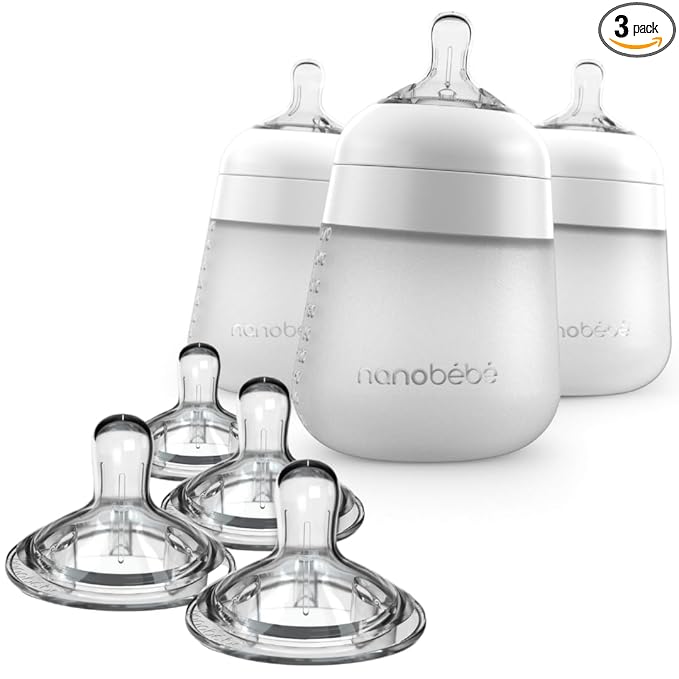 Nanobebe Silicone Baby Bottles 9oz 3pk White Bundled with Silicone Baby Bottles Nipples 4pk Slow Flow