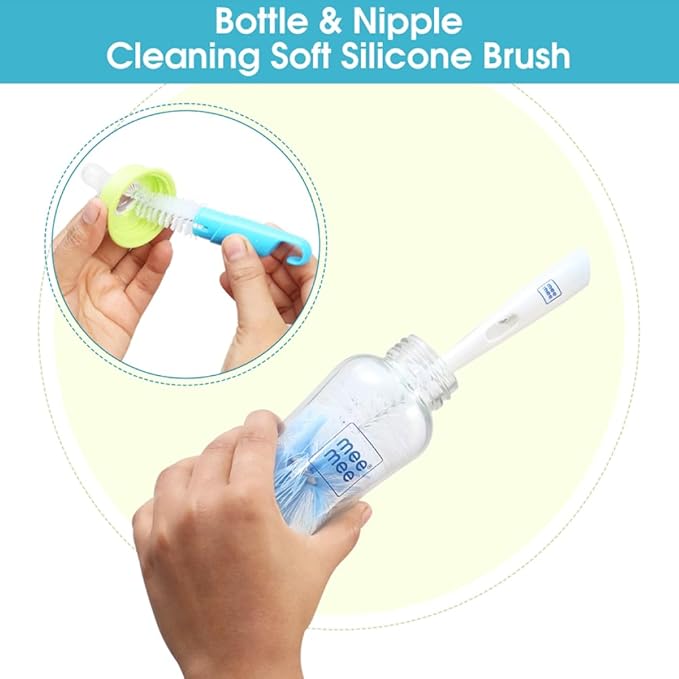 Mee Mee 360° Movable Silicone Bristle Baby Feeding Bottle Cleaning Brush & Nipple Cleaner Combo | Ergonomic Handle | Easy to Clean Bottle Corners for Narrow Neck & Wide Neck Feeding Bottles | BPA