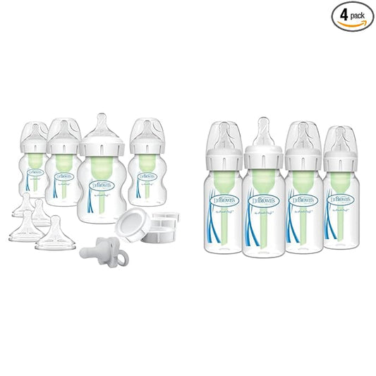 Dr. Brown's Anti-Colic Wide-Neck Feeding Set with Slow Flow Nipples, Travel Caps & Silicone Pacifier & Anti-Colic Options+ Baby Bottles, Narrow, 4 oz, 4pack