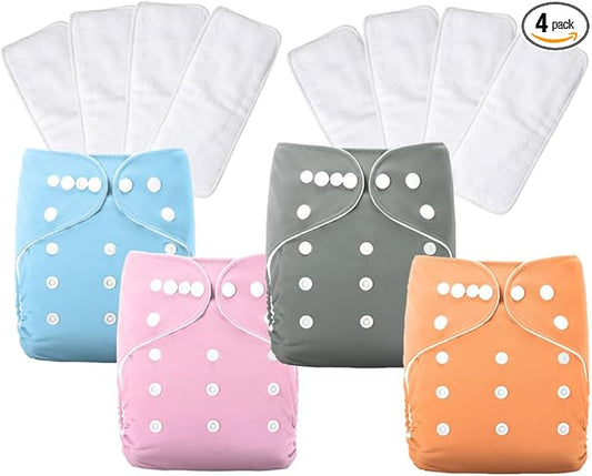 AIO Baby Cloth Diaper 4Pack with 8 Inserts Adjustable Waist Circumference Reusable for Baby Boys and Girls(0-3 Years),One Size Cloth Diaper Covers