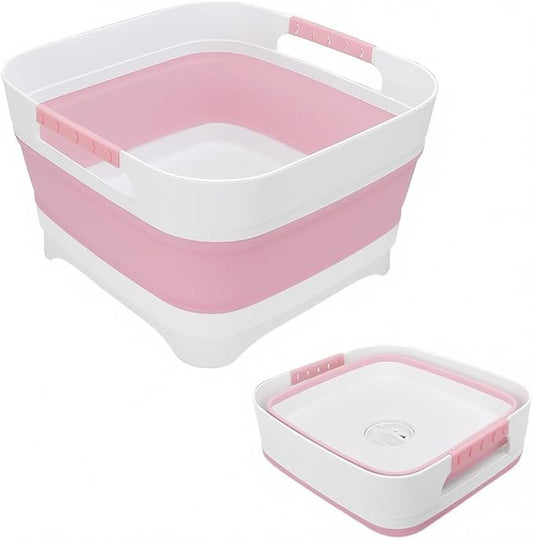 Collapsible Dish Basin with Drain Plug, 2.4 Gal 9L Foldable Wash Basin, Portable Sink Tub for Kitchen, Baby Bottles, Camping, RV, Vegetable Washing and Beverage Tub, Pink