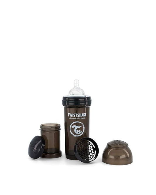 Twistshake Anti-Colic Baby Bottle with Powder Container and Mixer - 260ml | Fast Flow Silicone Breast-Like Nipple | BPA- Free Baby Milk Bottle | Comfort Feeding Experience for Babies | Black