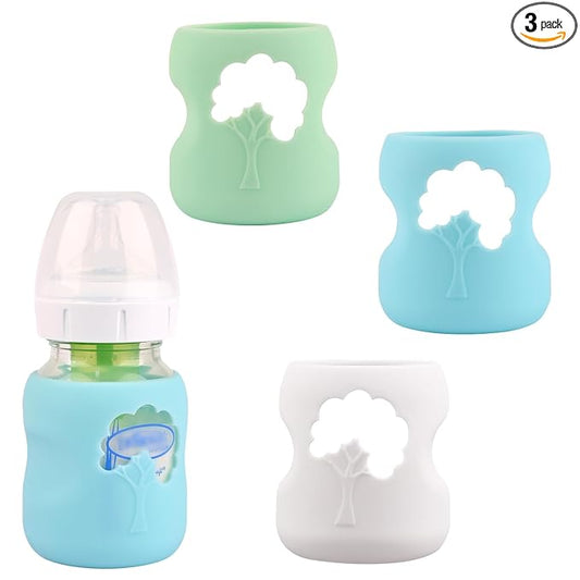 3 Pack Silicone Sleeves for Dr. Brown's Natural Glass Baby Bottles, Anti Breakage Baby Bottle Holder, Compatible Dr. Brown Wide-Neck Glass Baby Bottles 5 oz (White+Blue+Green)