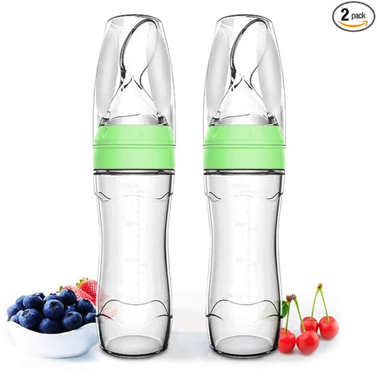 Matyz 2 PCS Silicone Baby Food Dispensing Spoon (Green, 4oz/120ml) Squeeze Feeder with Spoon - Spoon Bottle for Baby - Baby Spoon Feeder Bottle Baby Solid Food Feeder - Ideal for 4 Months+ Babies