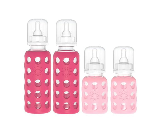 Lifefactory Glass Baby Bottle BPA Free | Protective Silicone Sleeve| 4 oz & 9 oz Pack of 4 | Pink & Raspberry