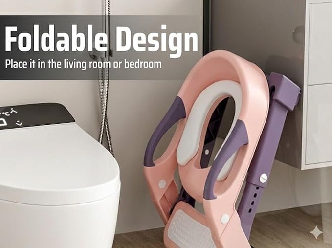 3-in-1 Toddler Potty Training Toilet Seat with Foldable Ladder – Adjustable Toddler Toilet Seat for Boys & Girls with Soft Cushion, Ergonomic Backrest, Non-Slip Pedal and Safety Grips (Pink & Purple)