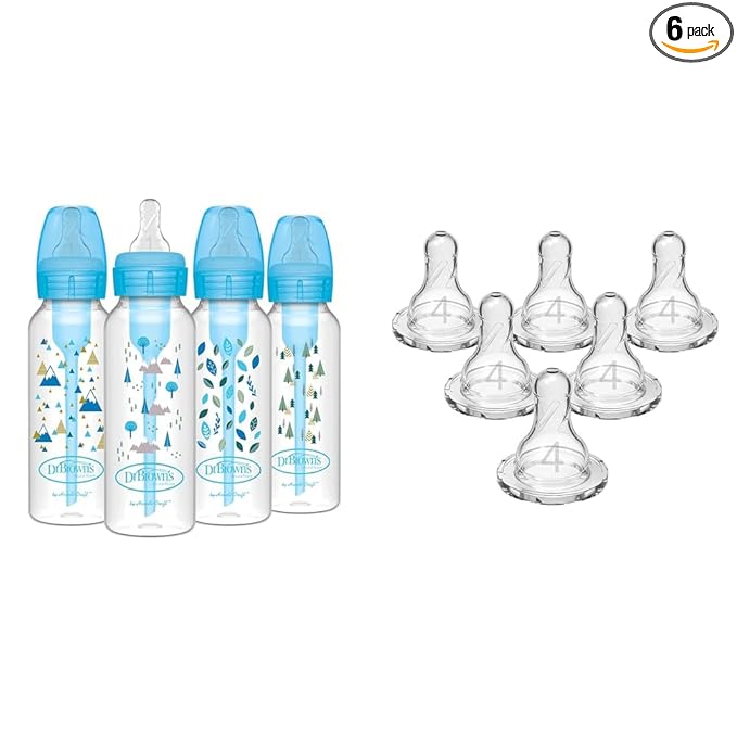 Dr. Brown's Anti-Colic Options+ Narrow Baby Bottle with Level 1 Slow Flow Nipples, 0m+, 4 Bottles & Level 4 Fast Flow Narrow Bottle Nipples, 9m+, 6 Pack