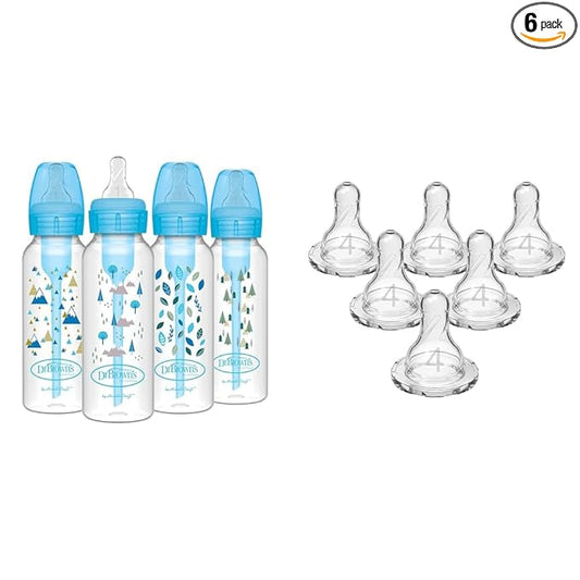 Dr. Brown's Anti-Colic Options+ Narrow Baby Bottle with Level 1 Slow Flow Nipples, 0m+, 4 Bottles & Level 4 Fast Flow Narrow Bottle Nipples, 9m+, 6 Pack
