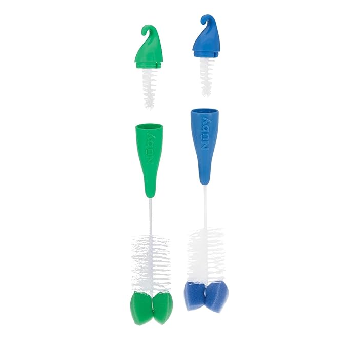 Nuby 2-Pack Bottle and Nipple Brush with Sponge Tip, Colors May Vary