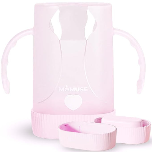 MOMUSE Dual-Lid Squeeze Pouch Holder for Food Pouches & Drink Boxes, Baby Pouch Holder with Larger Capacity, Versatile Design for Self-Feeding, Anti-Squeeze Pouch Holder No Spill No Mess, Pink