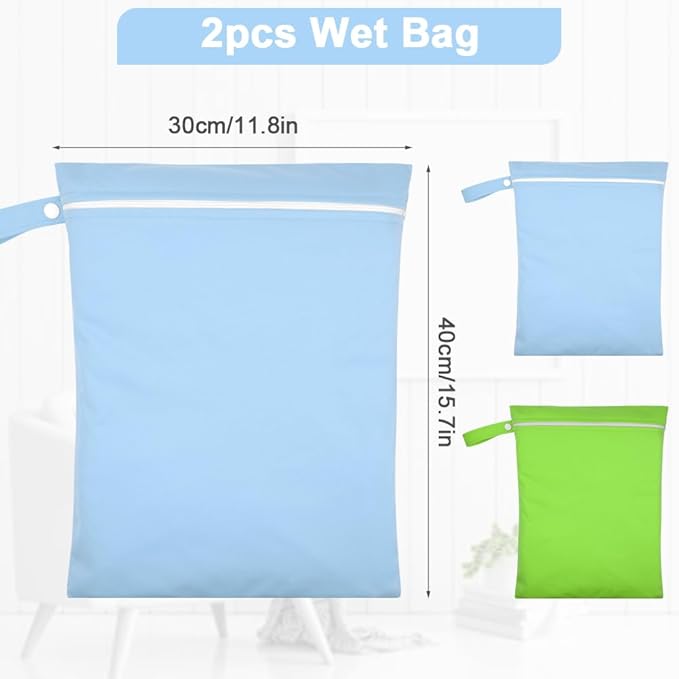 2PCS Wet Bags, Reusable Cloth Diaper Bags with Handle and Zipper, Lightweight Waterproof Travel Laundry Bag, Washable Wet Dry Bag for Baby Items Travel Beach Swimming Gym Camping(Green&Blue)