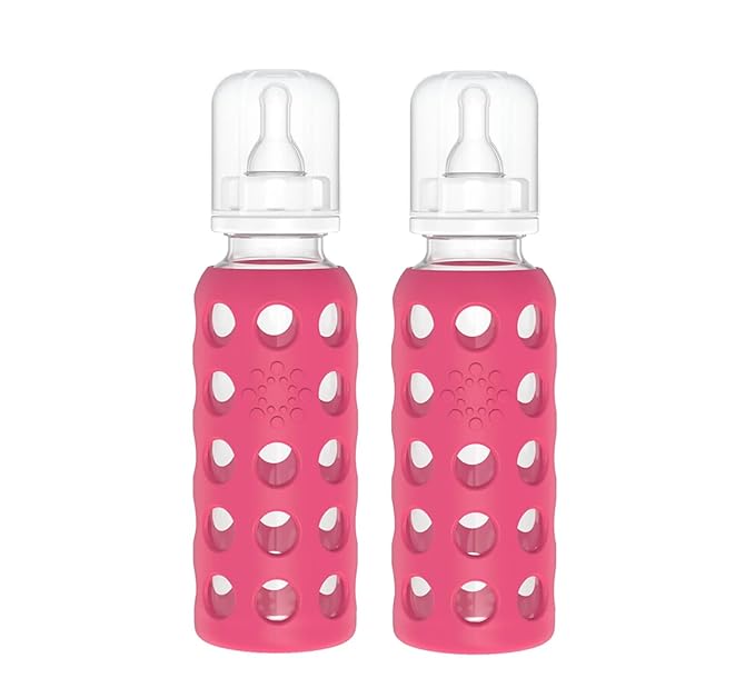 Lifefactory Glass Baby Bottle BPA Free | Protective Silicone Sleeve | 9 oz Pack of 2 | Raspberry
