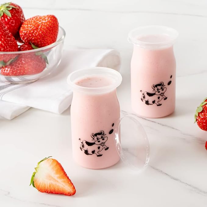 Restaurantware 5 Ounce Yogurt Jars 100 Disposable Pudding Containers - Cow Print Pop-Off Lids Included Clear Plastic Chia Pudding Jars For Snacks Spices And Desserts