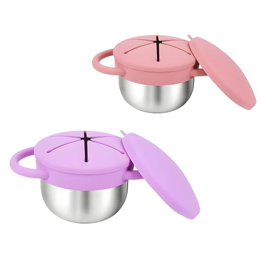 Toddler Snack Cups with Lid Spill Proof, Stainless Steel Baby Toddler Kids Snack Containers, 2 Pack Snack Catcher (Pink&Purple)