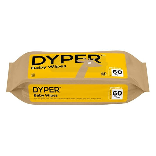 DYPER Baby Wipes | 99% Water Wipes | 100% Plant-Based | Hypoallergenic for Sensitive Skin | Honest Ingredients | Fragrance Free | Plastic-Free | Unscented | Single Pack, 60 Wipes
