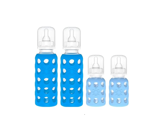 Lifefactory Glass Baby Bottle BPA Free | Protective Silicone Sleeve| 4 oz & 9 oz Pack of 4 | Cobalt & Sky Blue