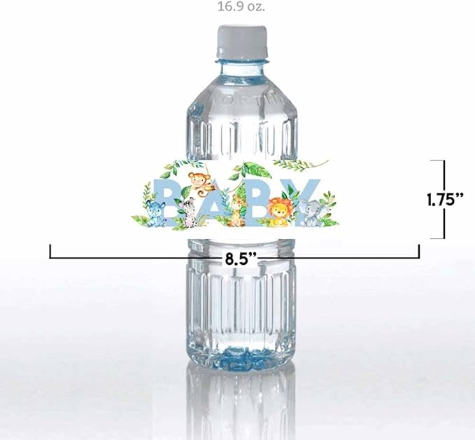 Watercolor Jungle Animals It's a Boy Baby Shower Waterproof Water Bottle Sticker Wrappers 20 Wrap Around Labels Sized 1.75" x 8.5" by AmandaCreation