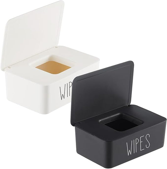 2 Pack Baby Wipes Dispenser Container Bathroom Sleek Flushable Butt Wipes Holder Refillable Easy to Access,7.28" L x 4.80" W x 2.75" H (Black White)