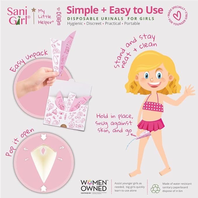 SanGirl My Little Helper Girl Pee Funnel | Disposable Pee Funnel | Pee Cup for Kids | Girl Urinal Portable | Travel Potty Aid for Girls to Stand to Pee and Stay Neat Clean On the Go (Pack of 15)