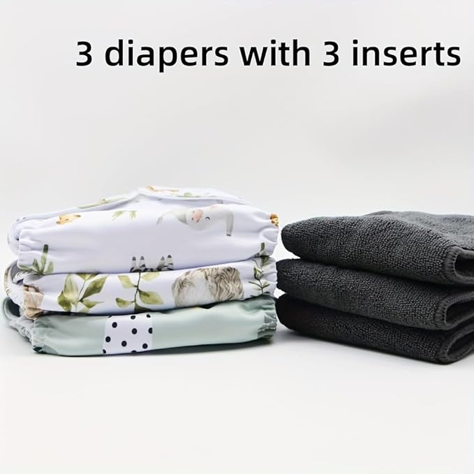 3 pcs Hook and Loop Fasteners Design Baby Reusable Cloth Diapers with 3 Microfier Inserts (Animals Prints)