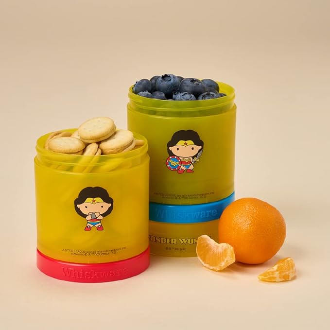 Whiskware Justice League Stackable Snack Containers for Kids and Toddlers, 3 Stackable Snack Cups for School or Travel, Wonder Woman (Pack of 1)