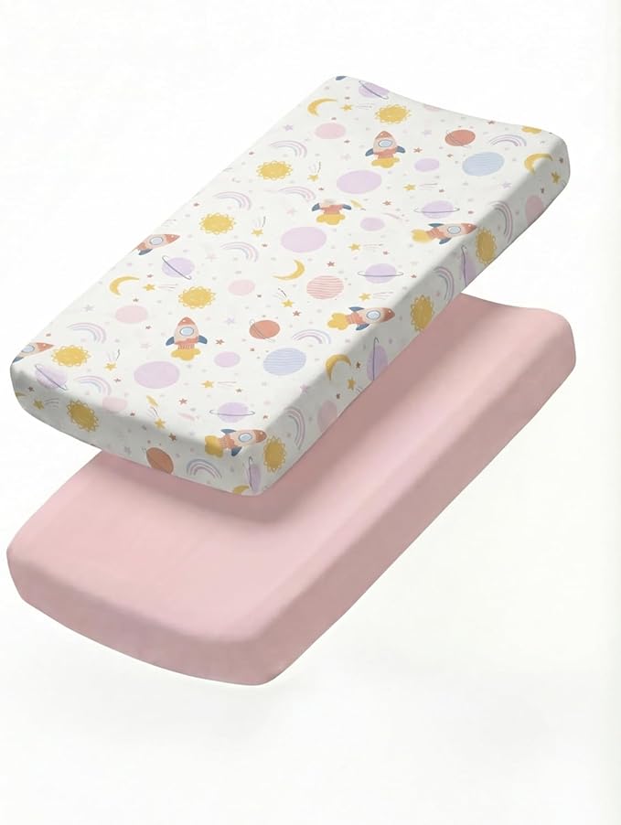 Changing Pad Cover - Pack of 2 Soft Unisex Diaper Change Microfiber Table Sheets - Fits 32"x16" Contoured Pad - Changing Pad Cover for Baby Boys & Girls - Snug, Machine Washable - Oeko-Tex, Space Girl