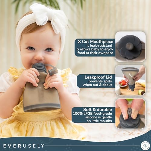 Everusely Reusable Baby Food Pouches for Toddlers - 2 Pack, 6 oz/180 ml, Slate - Squeezable Silicone Food Pouch - Refillable, Leakproof, Spill Proof Puree Containers - BPA Free - Dishwasher Safe
