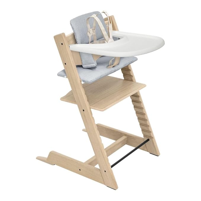 Stokke Tripp Trapp Oak High Chair 2 (Natural), Cushion 2 (Nordic Blue) + Stokke Tray (White) - Includes Chair + Baby Set with Removable Harness for Children 6-36 Months