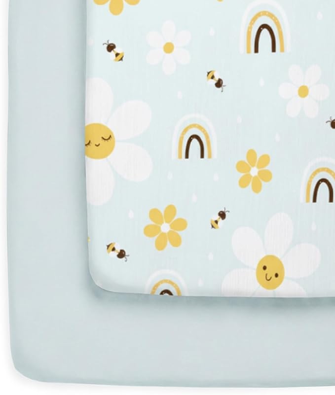Pack and Play Sheets Fitted - 2 Pack Mini Crib Sheets for Pack N Play Mattress - Unisex Playard Microfiber Bedding for Boys & Girls - Breathable & Wrinkle Free - Oeko-Tex, 38 x 26in - Rainbow Bloom