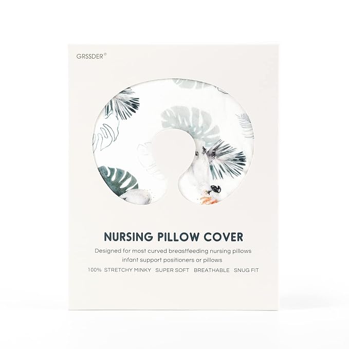 GRSSDER Soft Stretchy Minky Nursing Pillow Cover, Breastfeeding Pillow Slipcover for Boys & Girls, Nursing Pillow Case for Newborn, Stylish Watercolor Animals, Mint Green