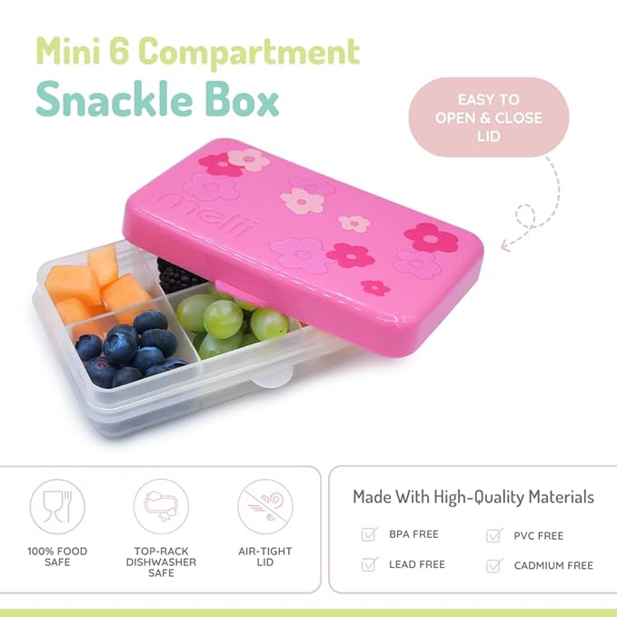 melii Snackle Box | 6-Compartment Divided Snack Container, BPA-Free Food Storage with Removable Dividers for School, Travel & On-the-Go Snacking Flowers
